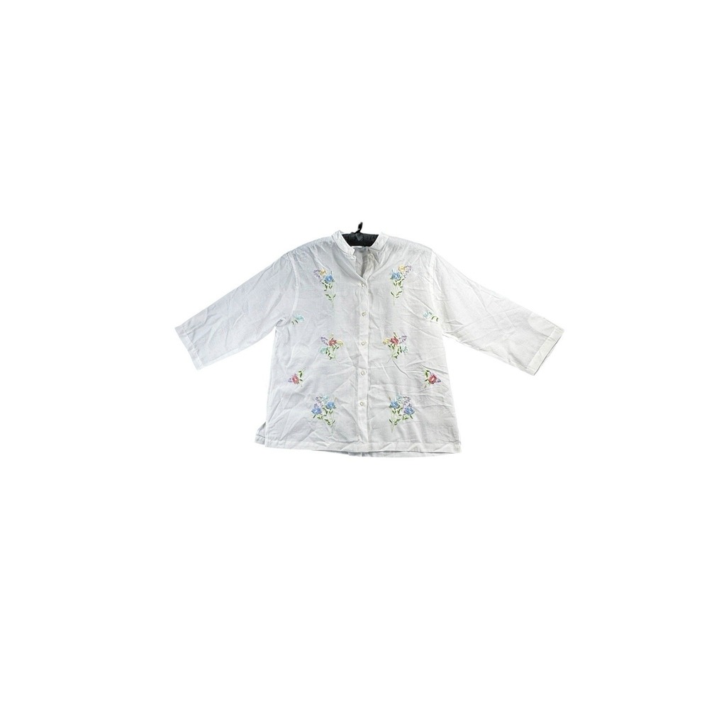 Adrian Delafield MP White Floral Embroidered Button Front Blouse Cottagecore